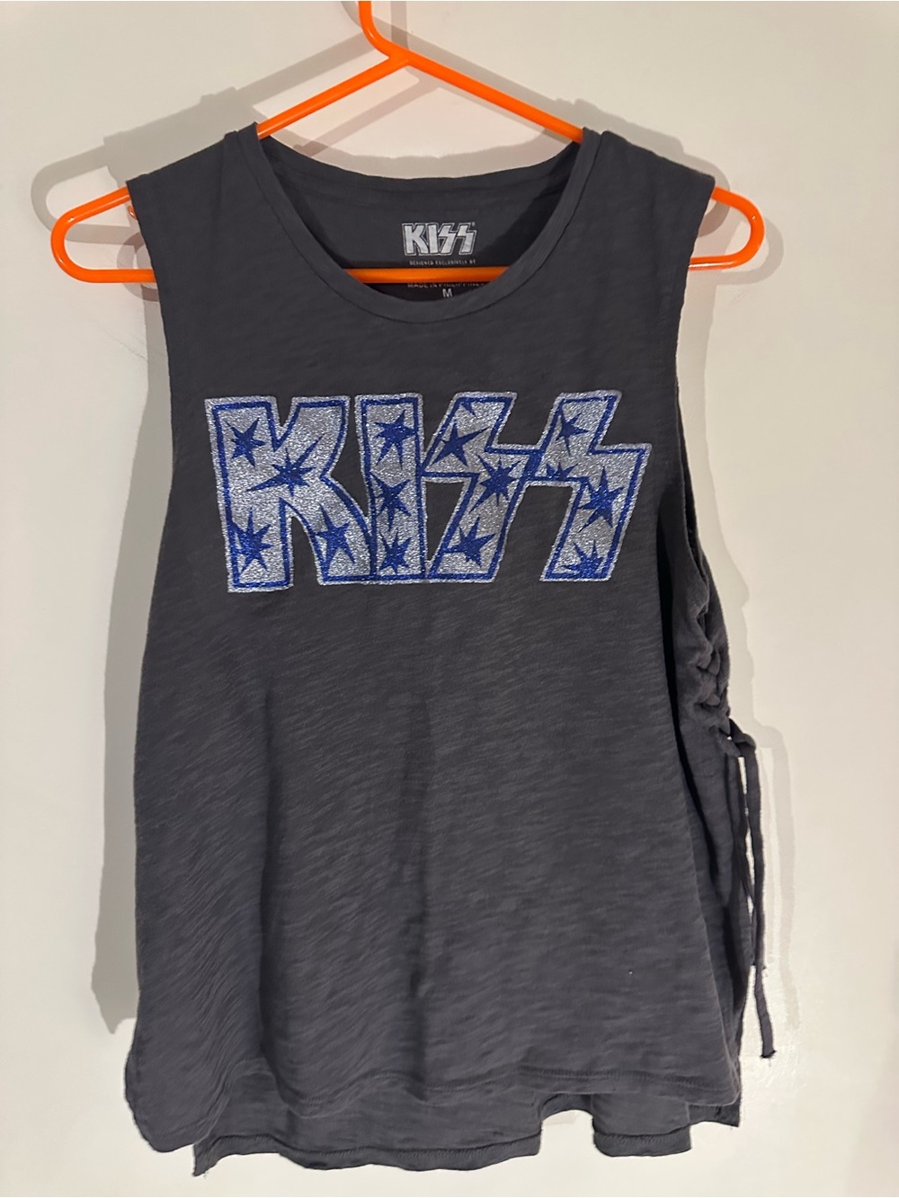 Lucky Brand Charcoal KISS Graphic Tank with Blue Glitter Logo